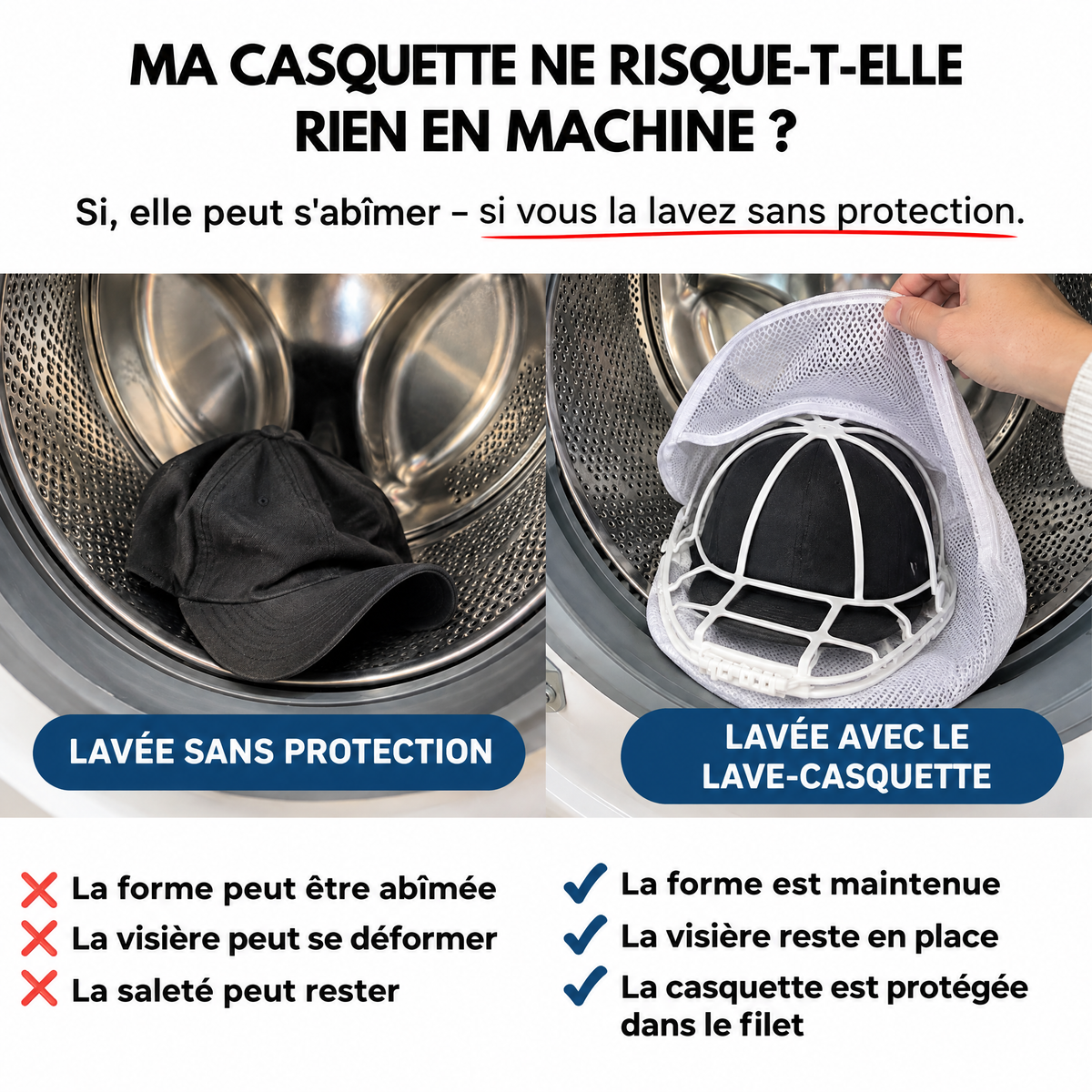 Lave-Casquette™ – Vos casquettes propres en machine, sans perdre leur forme