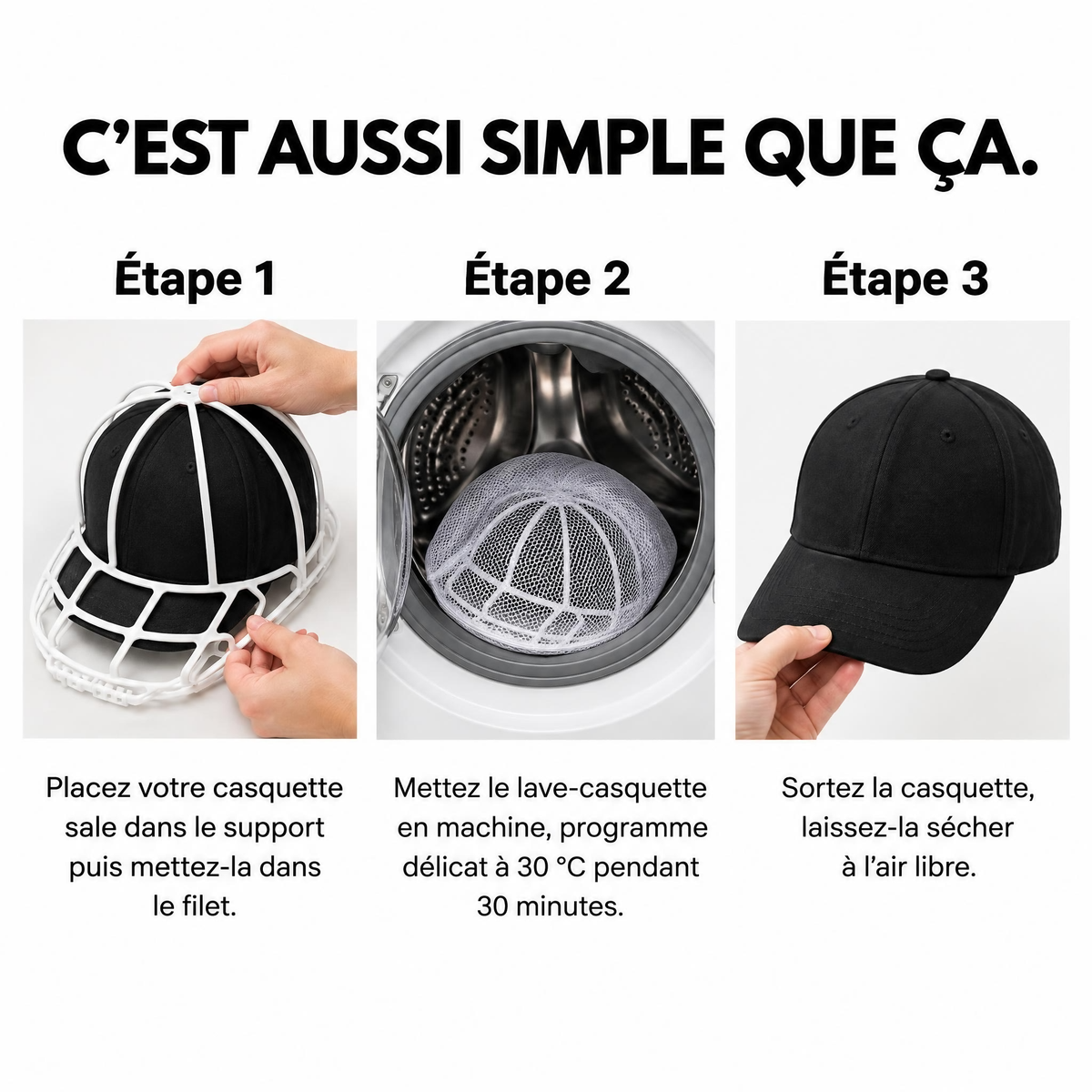 Lave-Casquette™ – Vos casquettes propres en machine, sans perdre leur forme